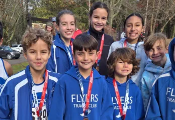 Pictured (left to right): Flyers athletes Slater Centeno, Leo Anspach, Greyson Dunleavy, Sandra Jakubiuk, Sarah Licata, James Bedara, Katalyna Aguilar, Hudson Dunleavy, and Grayson Van Dyk.