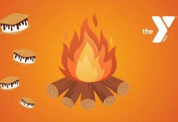 Graphic showing a campfire with glowing flames and stacked logs on an orange background. Four cartoon s’mores appear along the left side in a descending arrangement. The YMCA logo sits in the top right corner.