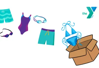 Y logo with bathing suits going into a box