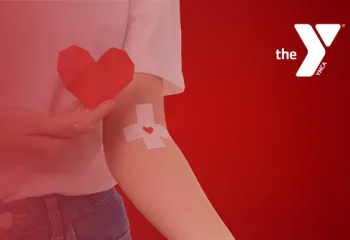 Y Logo with blood drive donor's arm with a bandage and a heart