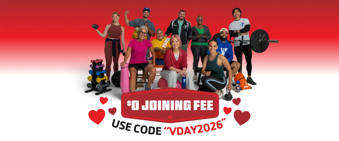 Image of group of adults exercising with the text "$0 Joining Fee, Use Code "VDAY2026"