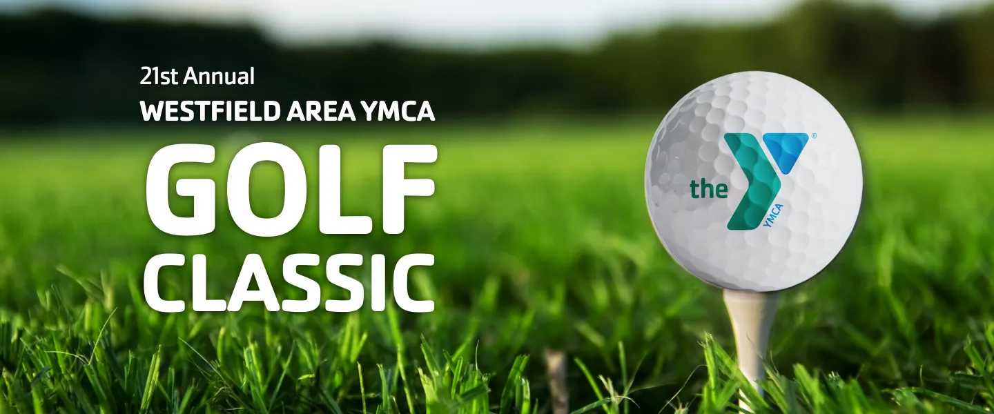 "A close-up of a golf ball on a tee in bright green grass, featuring the YMCA logo. Text on the left reads ‘21st Annual Westfield Area YMCA Golf Classic."