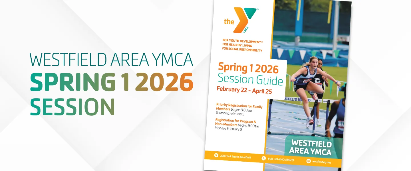  Westfield Area YMCA Spring 1 2026 session guide, featuring a photo of athletes running a hurdle race. 
