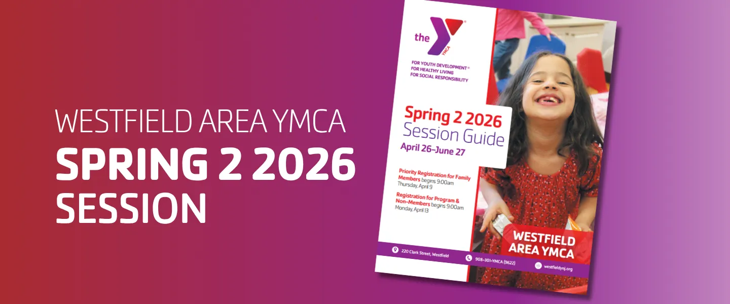 Cover of the Spring 2 2026 Westfield Area YMCA Session Guide featuring a smiling child.
