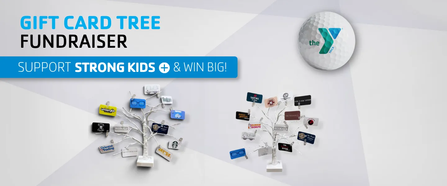 "Gift Card Tree Fundraiser" with photos of 2trees with gift cards attached