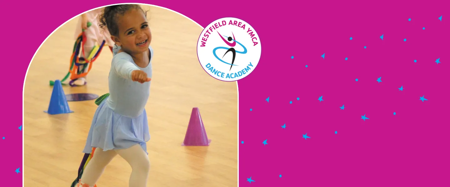 Child Dancing next to the "Westfield Area YMCA Dance Academy" logo