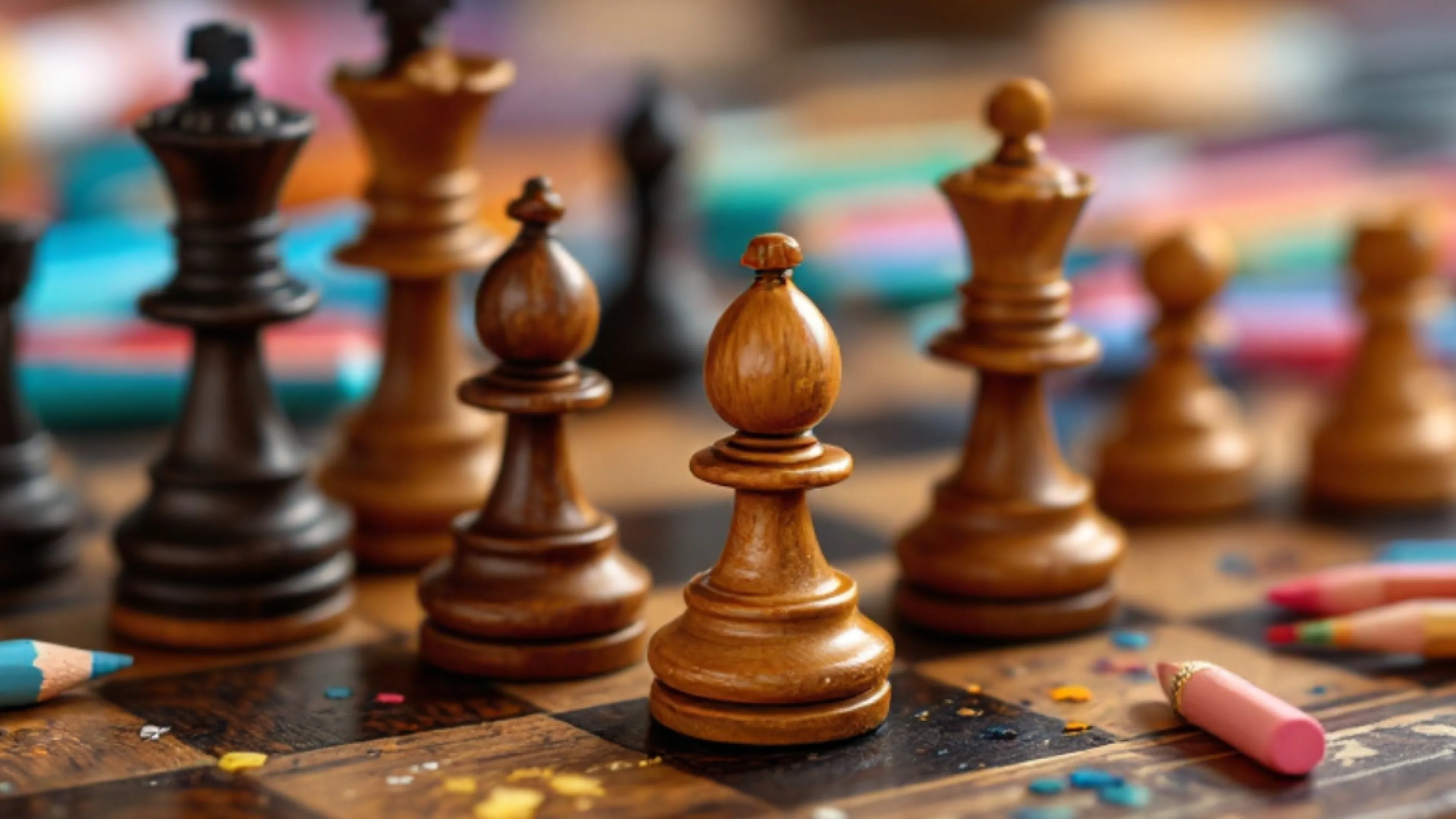 Wooden Chess Board with Crayons and Pencils