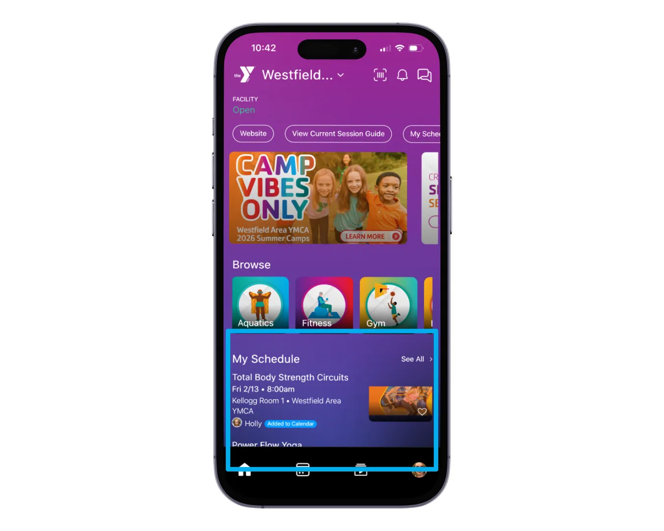 Smartphone screen showing the Westfield Area YMCA app with the “My Schedule” section highlighted.