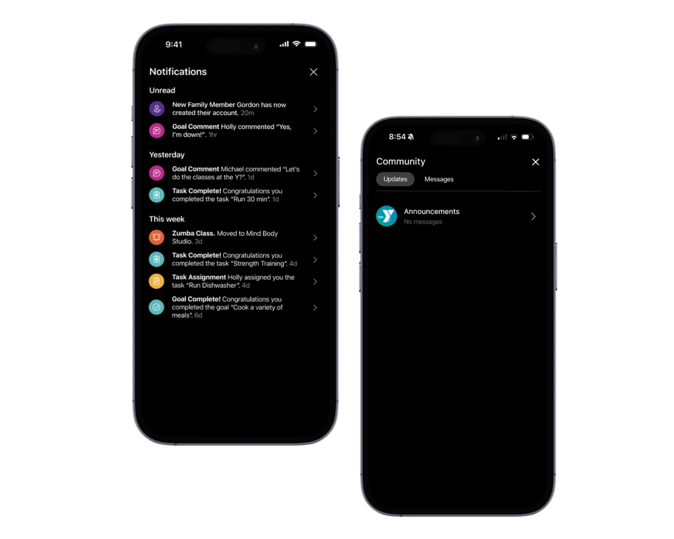 Two smartphone screens displaying the YMCA mobile app in dark mode. The left screen shows the Notifications page with unread and recent updates, including new member account creation, goal comments, completed tasks, and class updates. The right screen shows the Community section with tabs for Updates and Messages, displaying an Announcements area with no new messages.