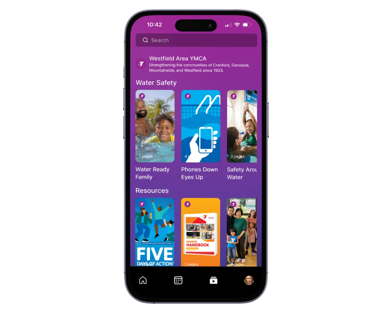 Screenshot of the Westfield Area YMCA app displaying Water Safety content, including “Water Ready Family,” “Phones Down Eyes Up,” and “Safety Around Water,” along with additional resource materials below.