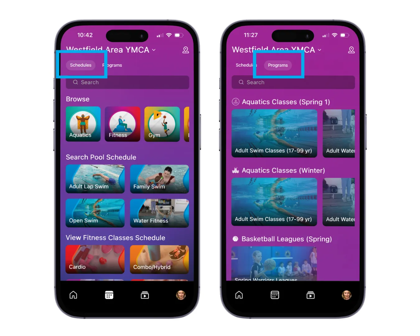 Side-by-side smartphone screens of the Westfield Area YMCA app. The left screen highlights the “Schedules” tab with class and pool options, while the right screen highlights the “Programs” tab with aquatics and league listings.