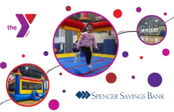 Graphic featuring three circular photos of children playing on colorful inflatables and padded gym equipment, connected by a dotted line on a white background with multicolored dots. The YMCA logo appears in the top left corner and the Spencer Savings Bank logo at the bottom.