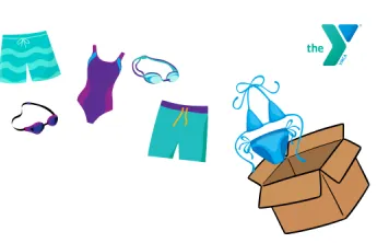 Y logo with bathing suits going into a box
