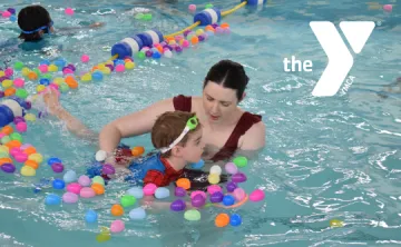 Mom and son in the pool for the Easter Egg Hunt with white Y logo overtop