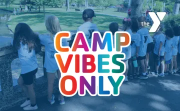 Sunshine Camp in the background with a rainbow colored "Camp Vibes Only" Logo and white Y logo.