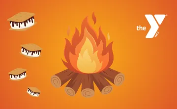 Graphic showing a campfire with glowing flames and stacked logs on an orange background. Four cartoon s’mores appear along the left side in a descending arrangement. The YMCA logo sits in the top right corner.