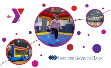 Graphic featuring three circular photos of children playing on colorful inflatables and padded gym equipment, connected by a dotted line on a white background with multicolored dots. The YMCA logo appears in the top left corner and the Spencer Savings Bank logo at the bottom.