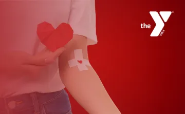 Y Logo with blood drive donor's arm with a bandage and a heart
